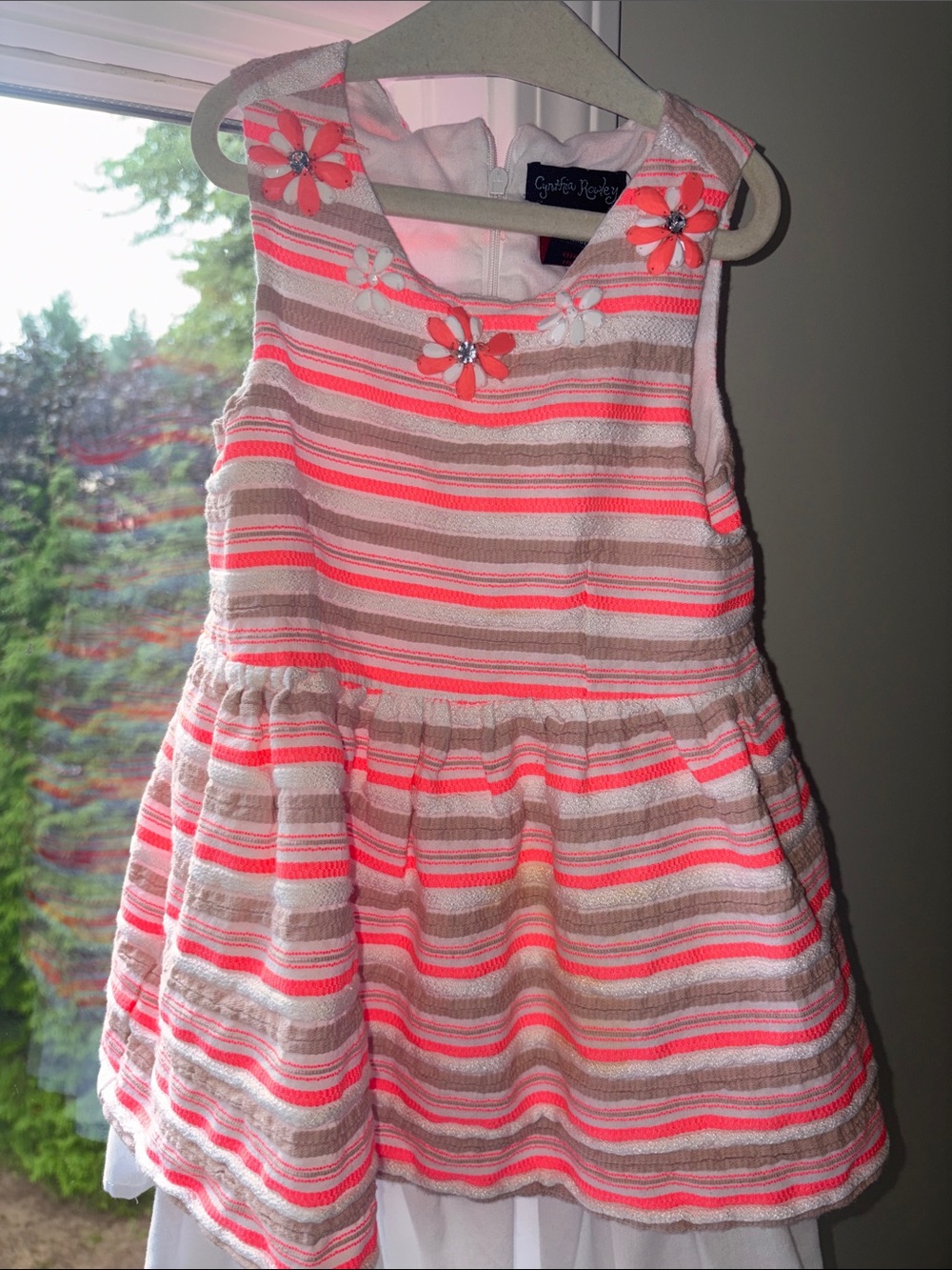 Gymboree Neon Pink and Tan Striped Floral Appliqué Dress